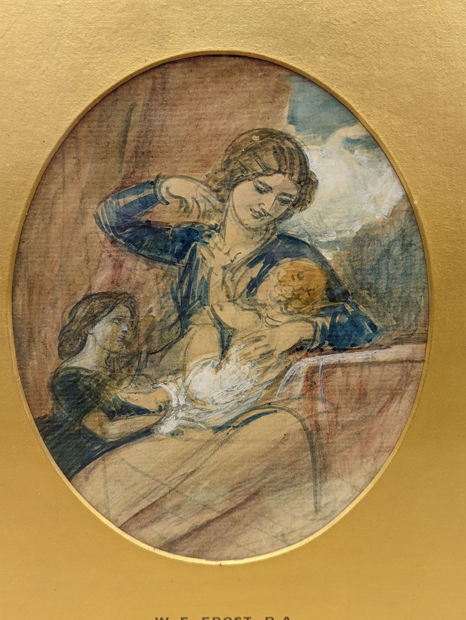 William Edward Frost RA (1810-1877), three watercolours, Studies of mothers with children and a woman at a well, each approx. 17 x 12cm, framed as one